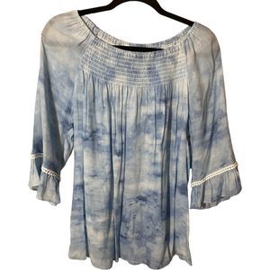 New Directions 3/4 Bell Ruffle Sleeve Top Women's Medium Blue/White Tie Dye Boho
